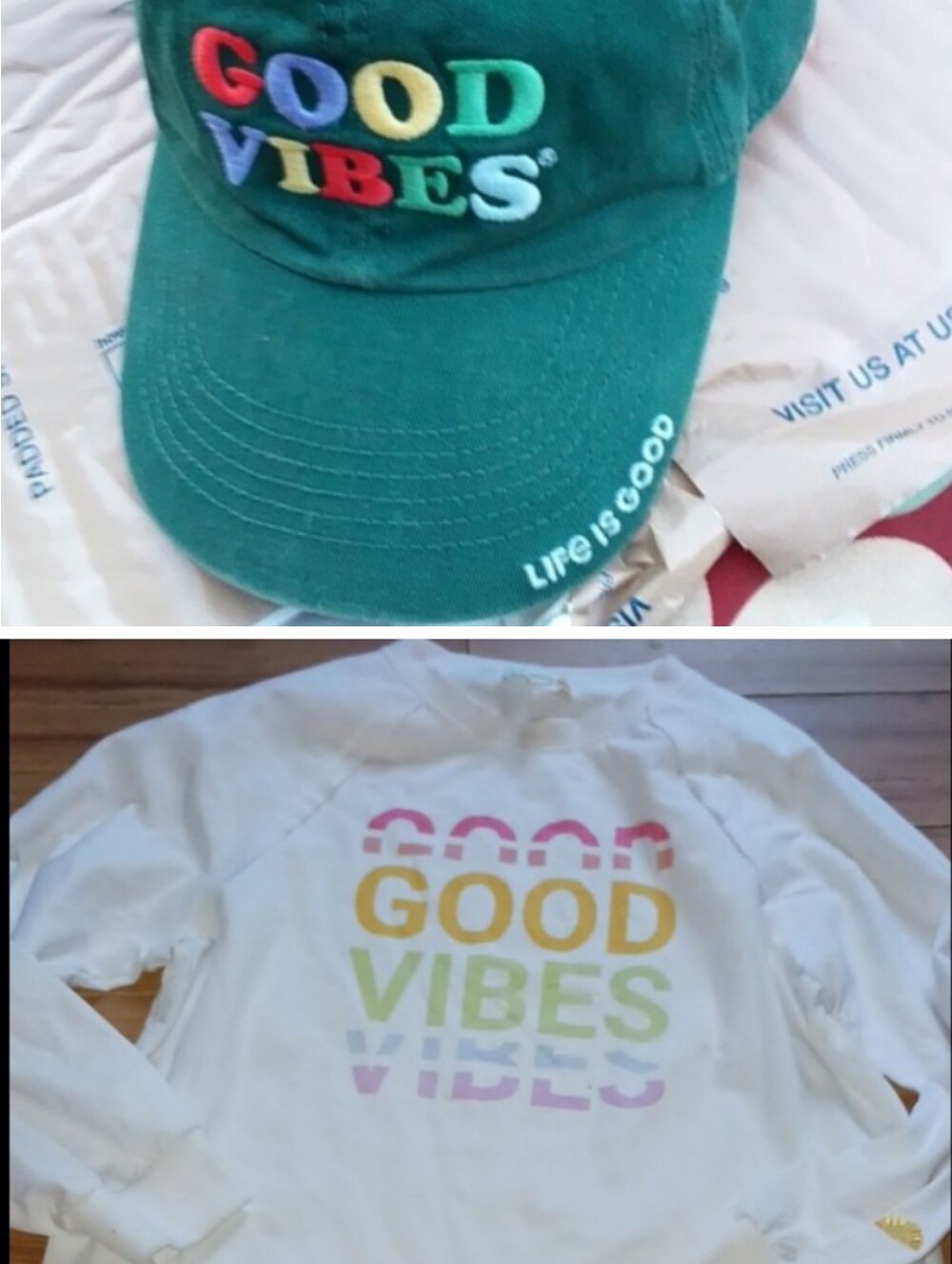 Life Is Good White Pullover Sweatshirt &Hat with Rainbow "Good Vibes" Print